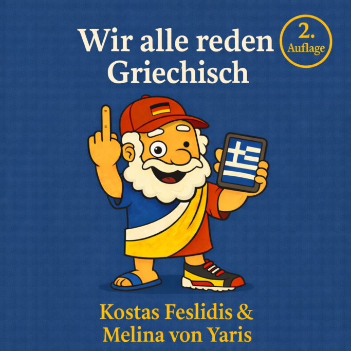 2. Wir alle reden Griechisch Buchcover mit einem griechischen alten Mann und dem Titel "Wir alle reden Griechisch".
