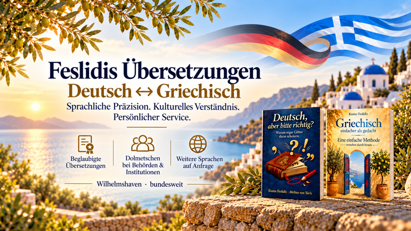 Feslidis Übersetzungen Zwei Flaggen (Griechenland und Deutschland) wehen über modernen Gebäuden in einer urbanen Landschaft.