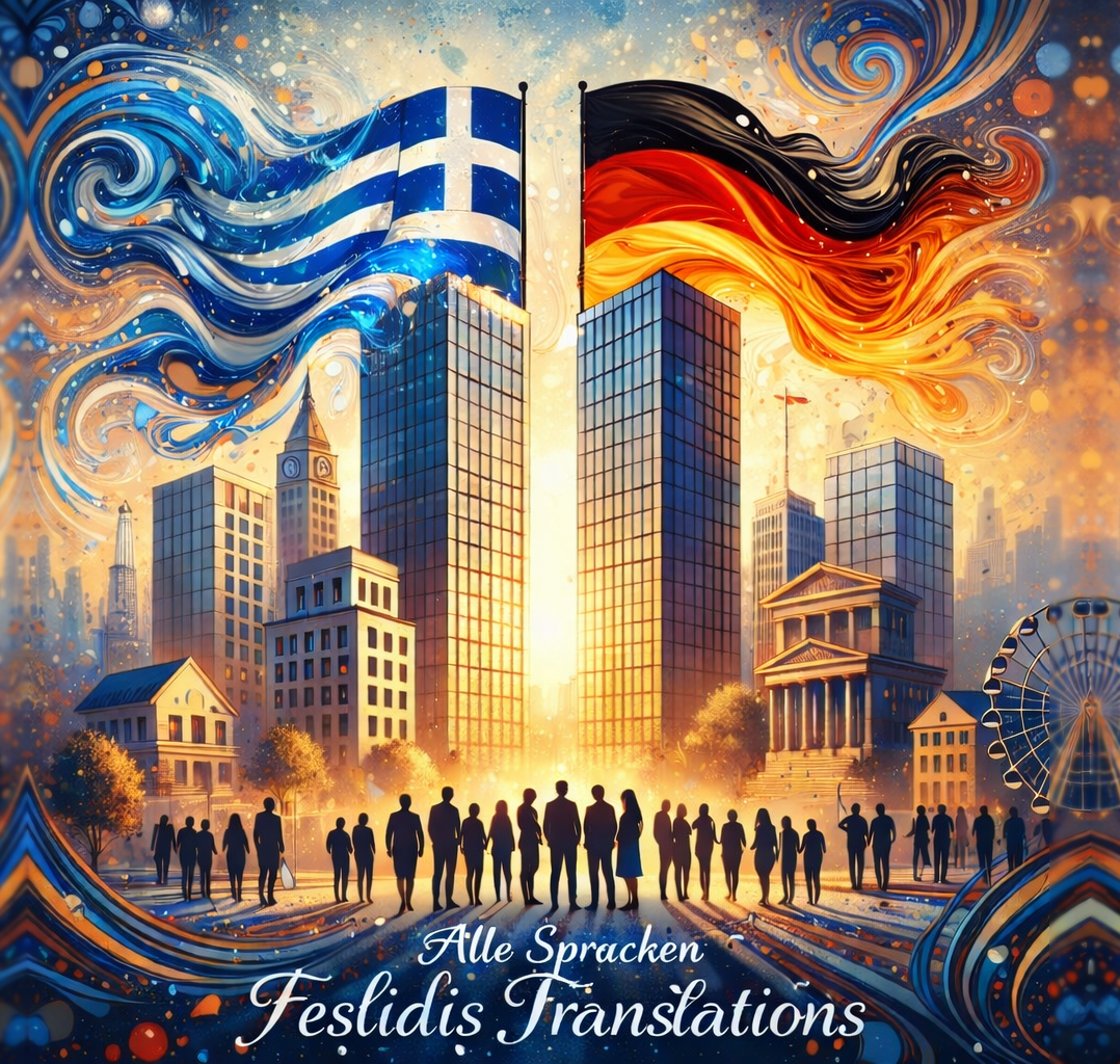 Feslidis Übersetzungen Zwei Flaggen (Griechenland und Deutschland) wehen über modernen Gebäuden in einer urbanen Landschaft.